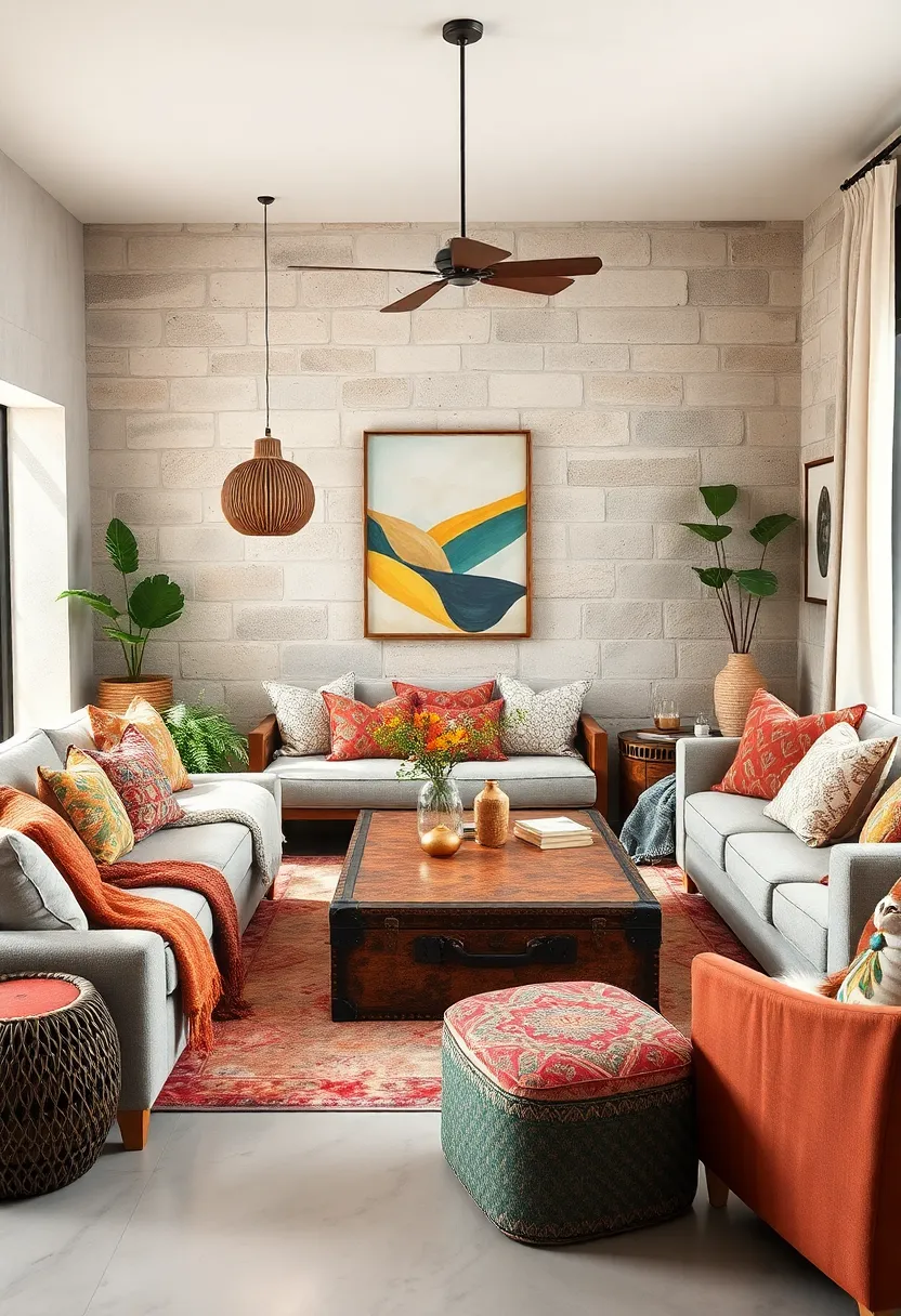 Place a vintage trunk or colorful ottoman⁤ as‍ a multifunctional coffee table for an element of surprise