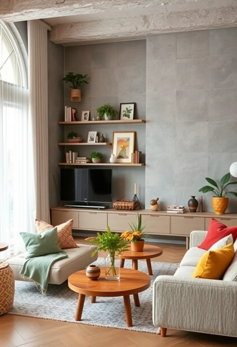 Use low,wide shelving units to display a mix of plants,books,and quirky art pieces