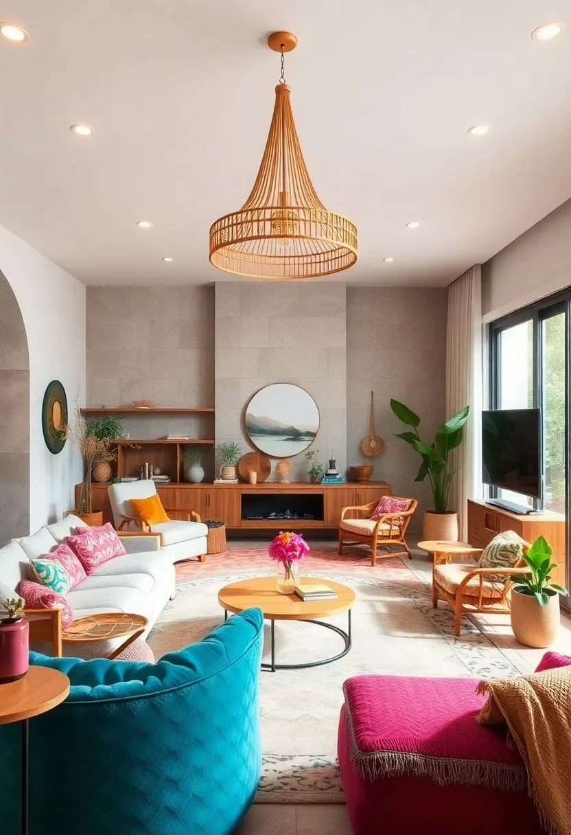 Add a statement chandelier with natural elements like rattan or bamboo for light and organic appeal