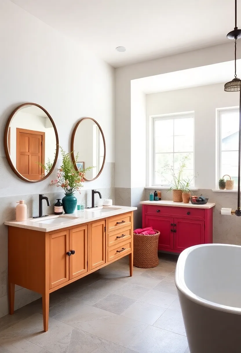 Eclectic Vanity Mix: Combine antique and contemporary vanities in bright, unexpected finishes