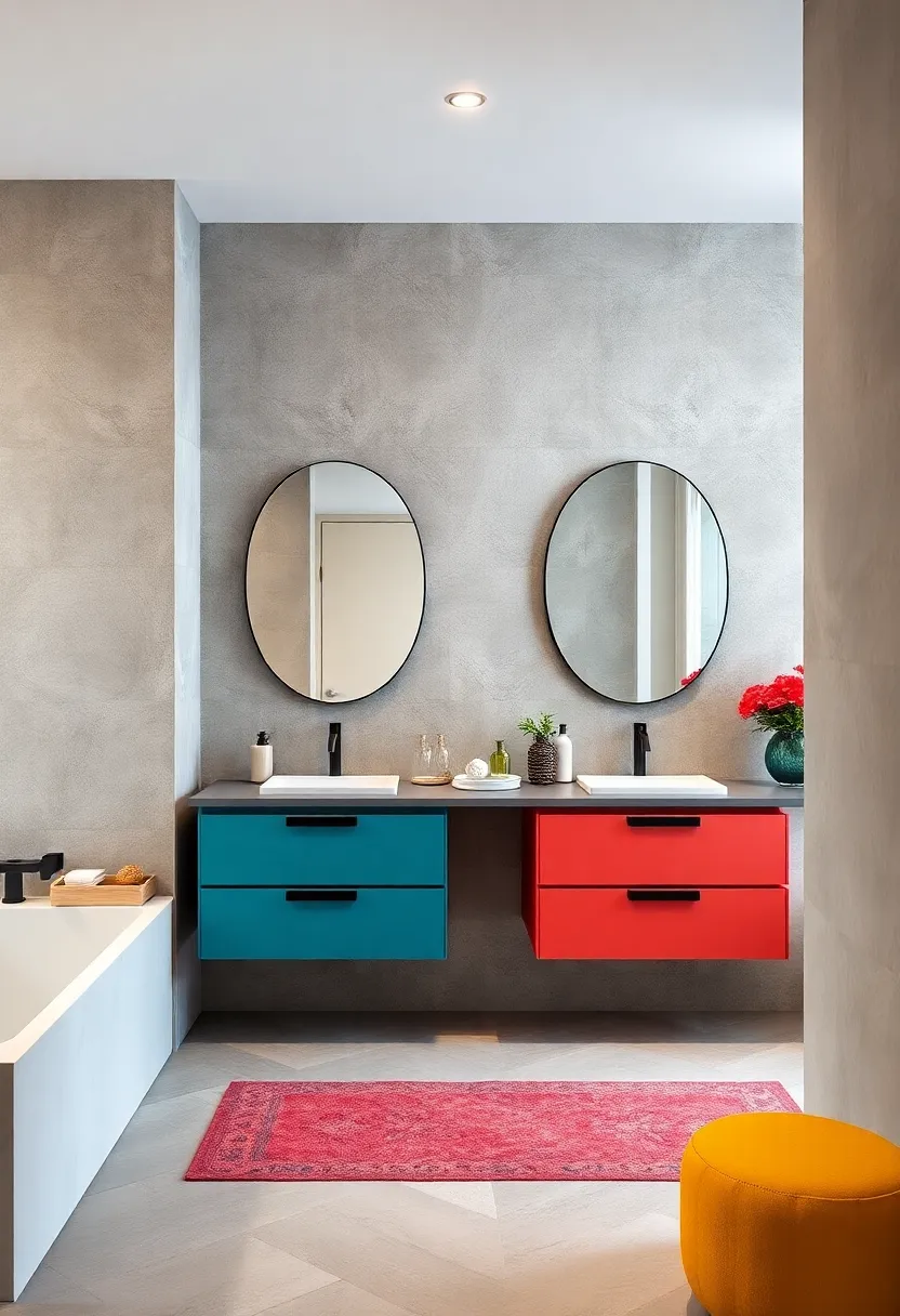 Floating Colorful Vanity Units: Install wall-mounted vanities ⁤in‌ bold colors to combine functionality‍ with eye-catching ​design