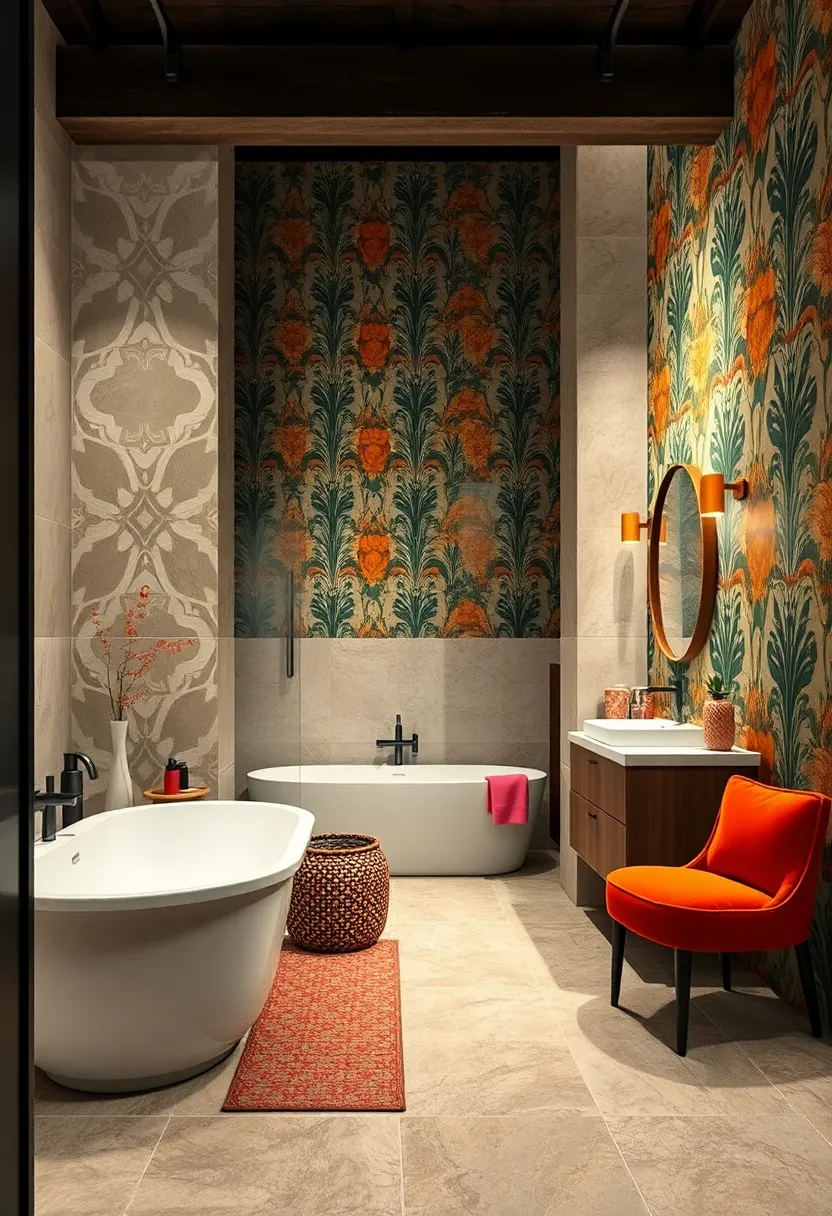 Patterned Wallpaper: introduce bold patterns and‌ rich ​hues ⁤with waterproof wallpaper‍ designed specifically for ​bathrooms