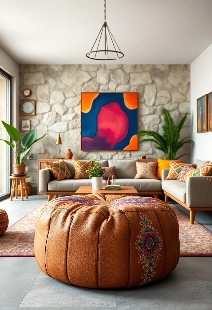 Distressed Leather Pouf with ‌Ethnic Embroidery