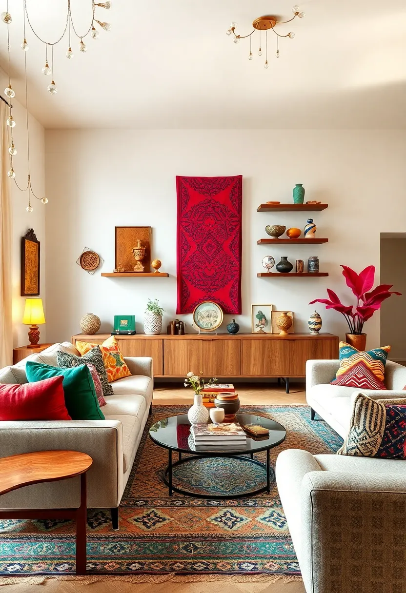 Eclectic Mix of Global souvenir Artifacts Displayed on Floating Shelves