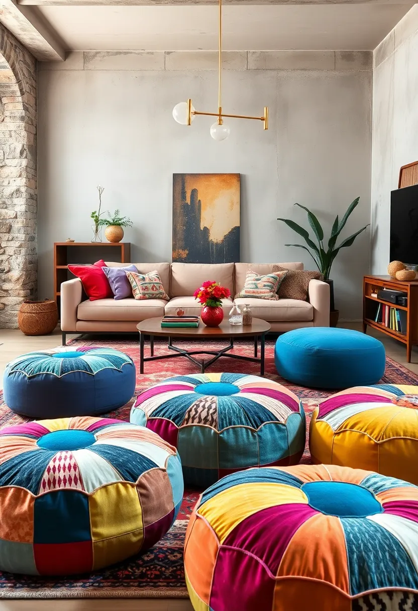 Colorful Patchwork Floor ‌Poufs in⁢ Mixed Fabrics