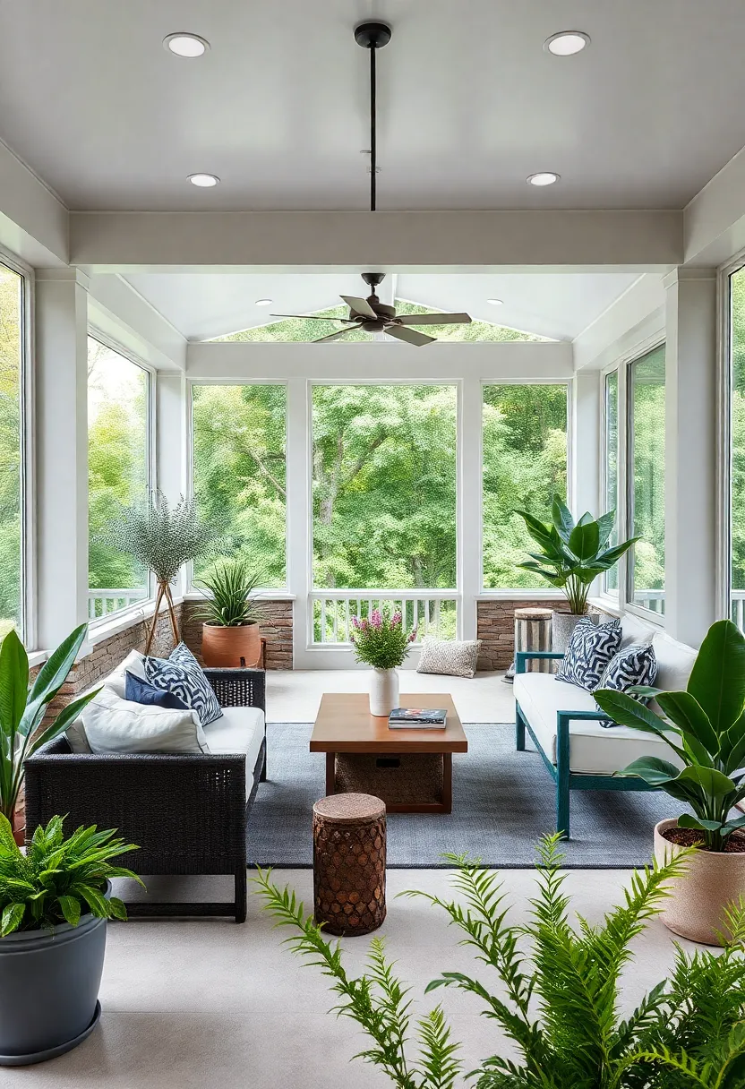 Sleek Minimalism:⁢ A screened porch with clean lines,monochromatic ⁣furniture,and subtle greenery to​ create a serene⁤ retreat