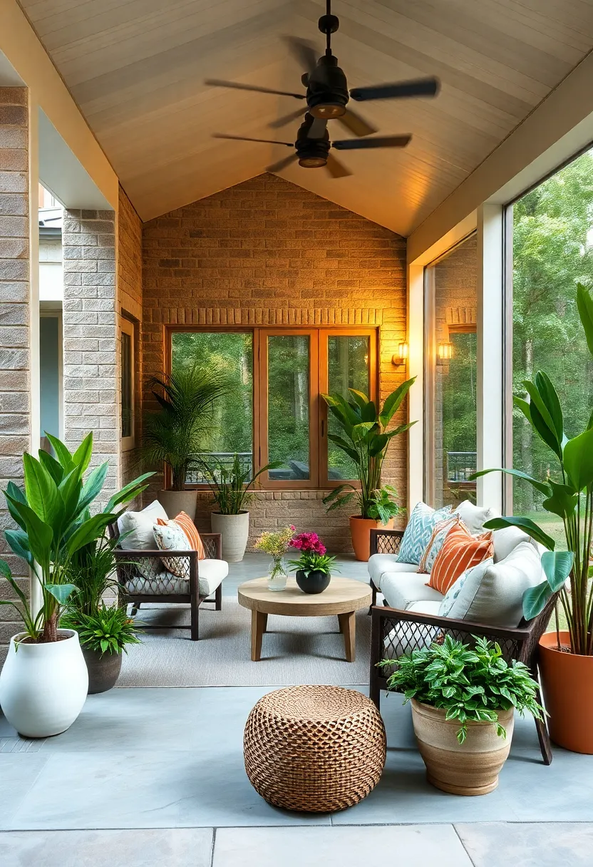 Nature-Inspired Harmony: Earth-toned furniture paired with abundant potted plants, blending indoor comfort with outdoor ⁤beauty