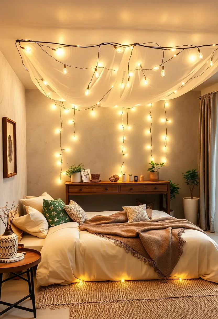 Create a ⁢fairy light canopy above your bed ⁢for a cozy and enchanting night’s sleep