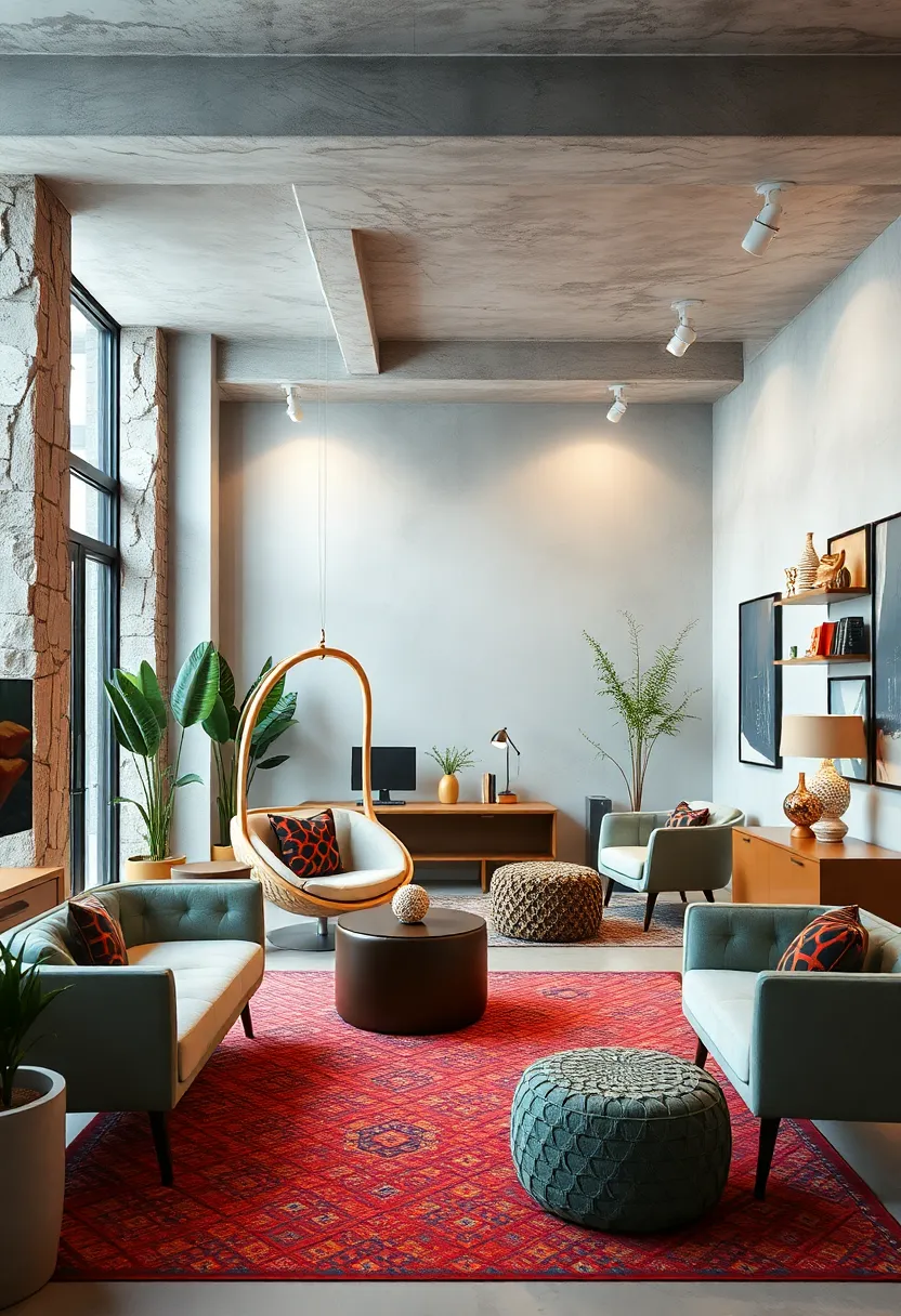 Hanging pod chairs​ Suspended Above ⁢Vibrant⁤ Patterned Rugs