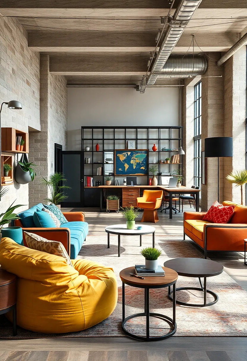 Colorful Bean⁢ Bag Seating ⁤Blended with Industrial Metal ‍Furnishings