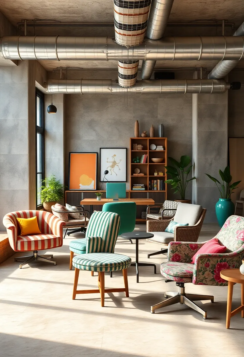 Retro‌ Bar ⁢Stools with ⁤Neon⁣ Highlights ‍Around ⁢a⁣ High-Top Desk