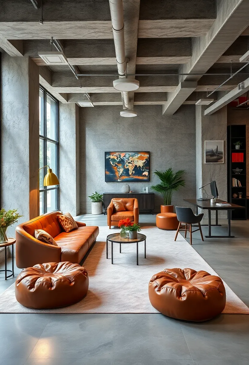 Leather ‌Poufs Combined‌ with ‌Minimalist Steel Desks for Contrast