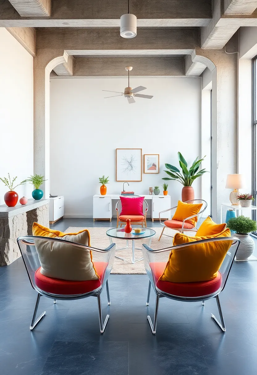 Transparent⁣ Acrylic ⁣Chairs with Bright Cushions for a Pop‍ of Color