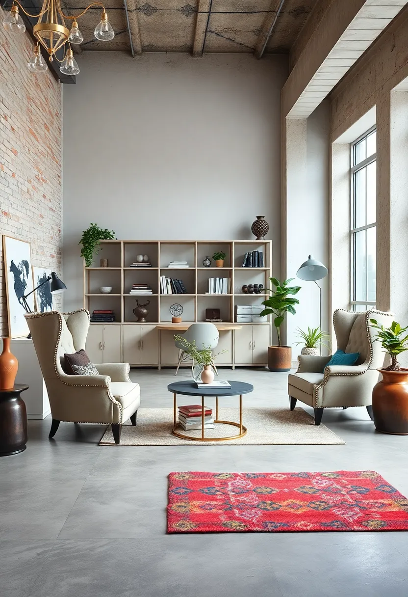 Victorian-Style Wingback chairs in a Minimalist Workspace