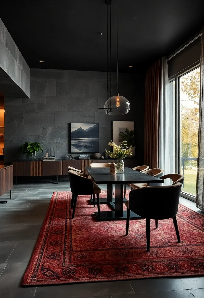 Cover the floor with a rich, dark area rug featuring subtle ​patterns to‍ ground the space and add softness