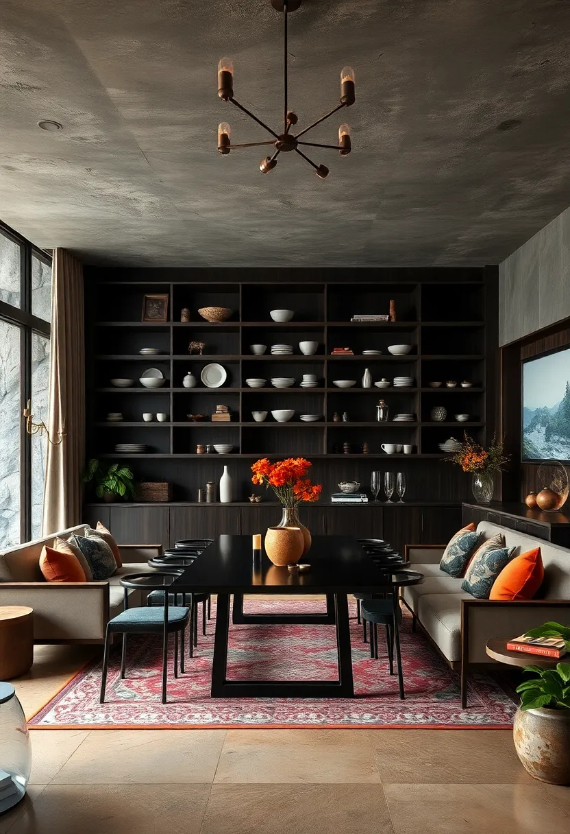 Install‌ floor-to-ceiling dark‌ wood shelving to display curated dishware and add architectural interest