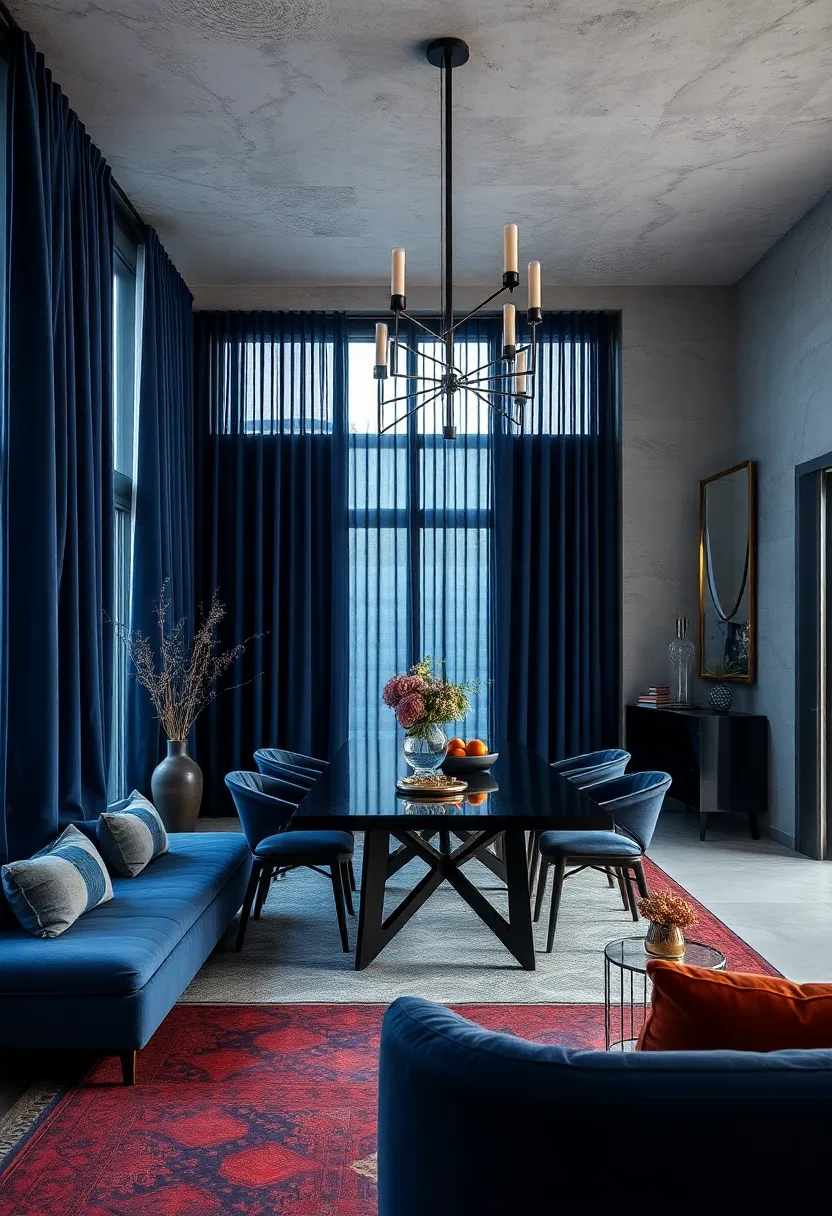 Layer rich,‌ velvety ⁤drapes⁤ in midnight blue to create‌ a cozy, enveloping atmosphere around your dining table