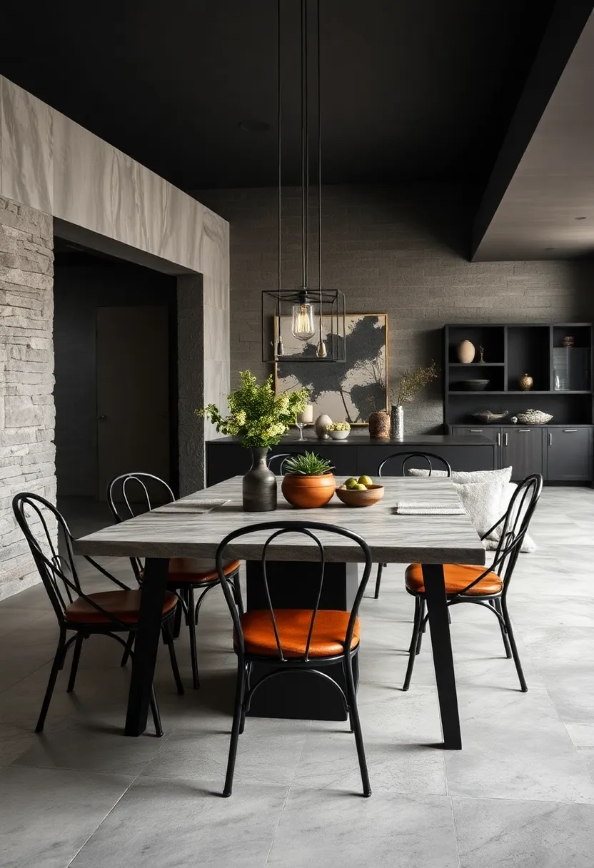 select⁣ dark, weathered⁣ metal ⁢dining⁤ chairs with ‍leather ⁣cushions ‌to ⁢blend ​rustic charm ⁣and moody elegance