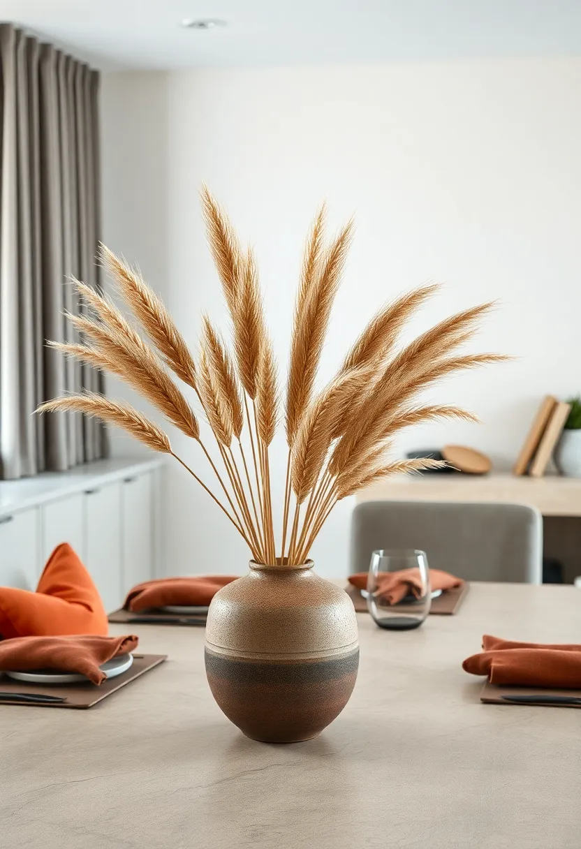 An arrangement ⁤of ‍dried pampas grass⁢ and wheat stalks ⁣in a ⁤textured clay vase for an earthy vibe