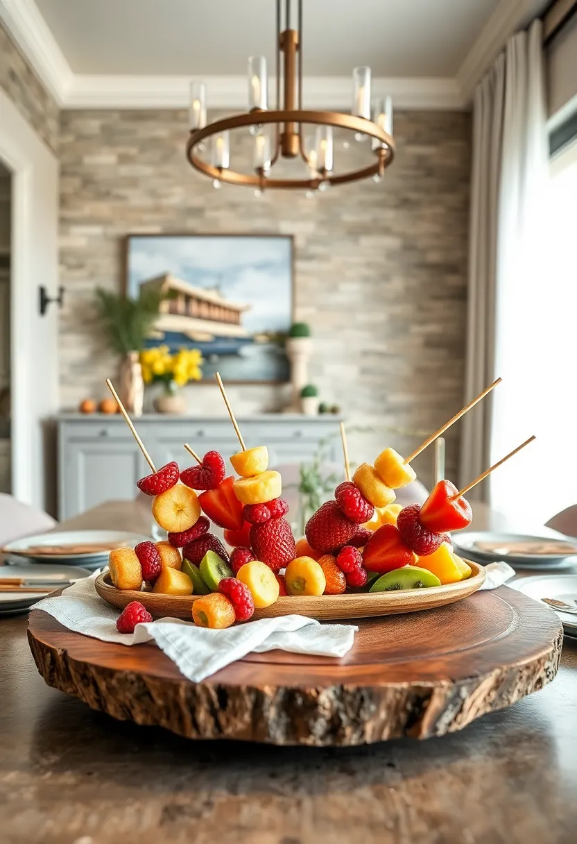 An arrangement of fresh fruit⁣ skewers artistically ‍draped over ⁤a rustic wooden platter for ‌a​ playful ​touch