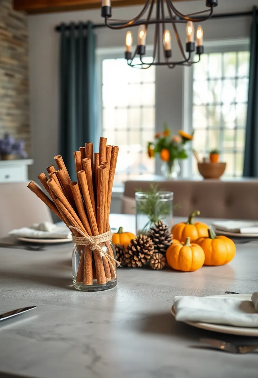 A⁢ bundle⁤ of cinnamon sticks tied with twine, complemented by small pumpkins and ​pinecones for a ⁣seasonal statement