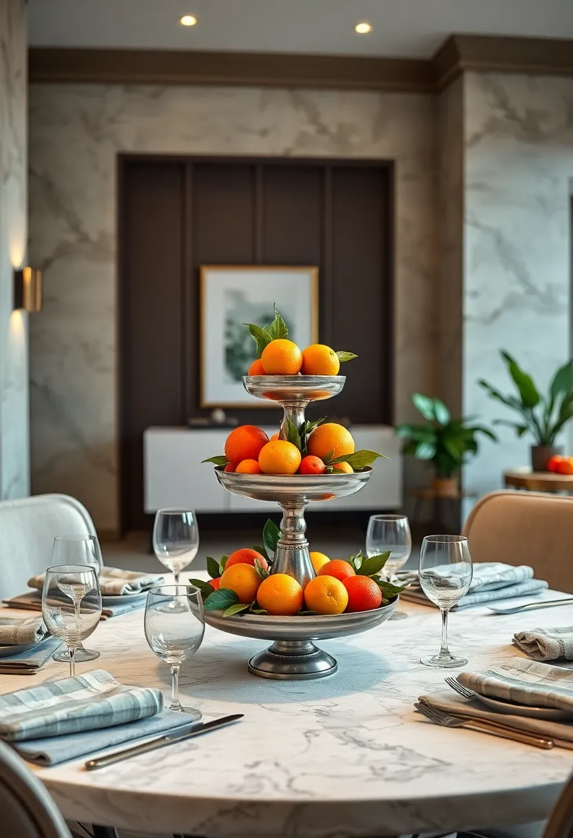 A centerpiece featuring a tiered stand⁤ filled‍ with assorted​ citrus⁣ fruits for​ a vibrant splash of color