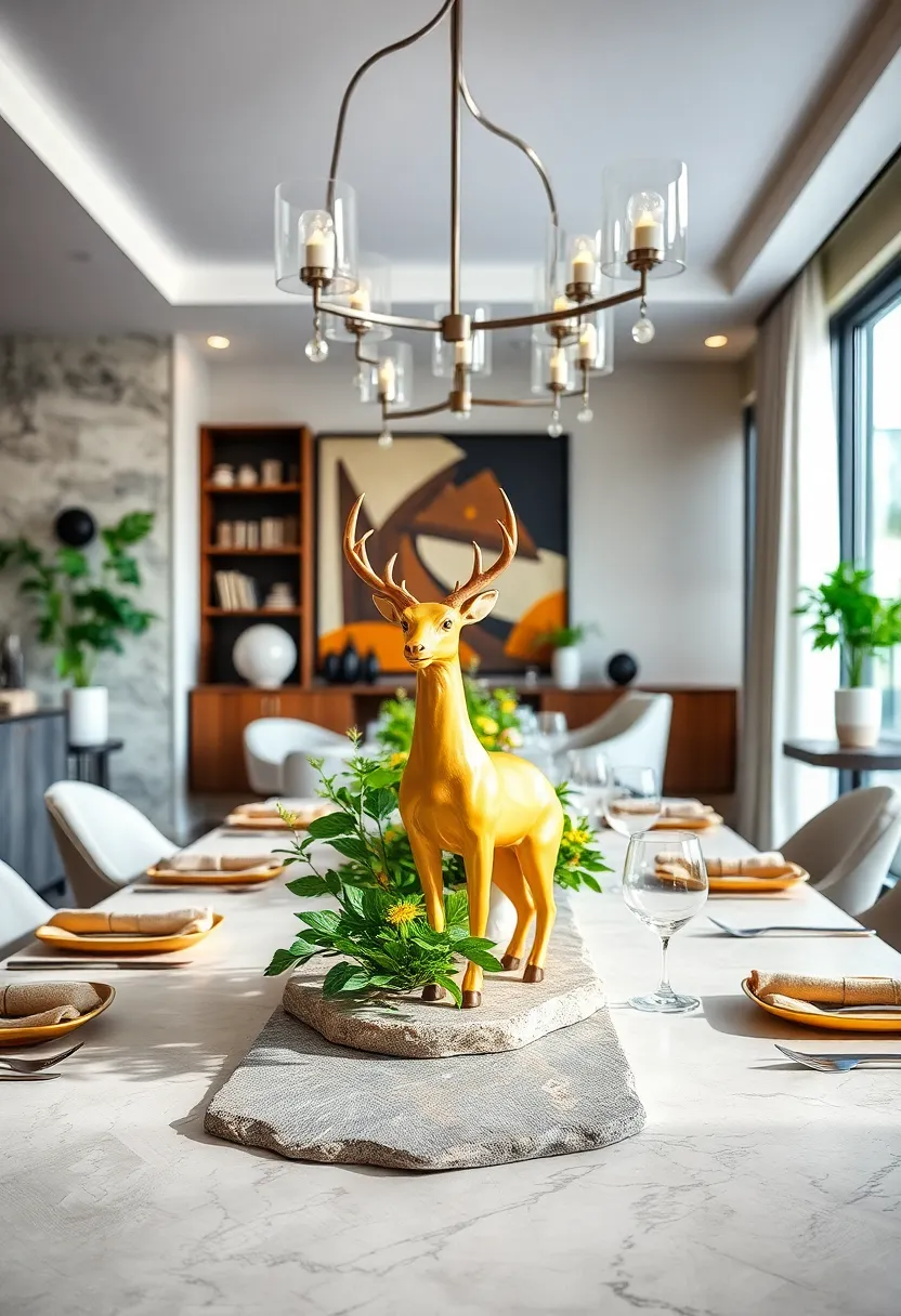 A ceramic ‌animal figurine‌ centerpiece, like ‌a deer or ⁢elephant, paired‍ with fresh greenery ‍accents
