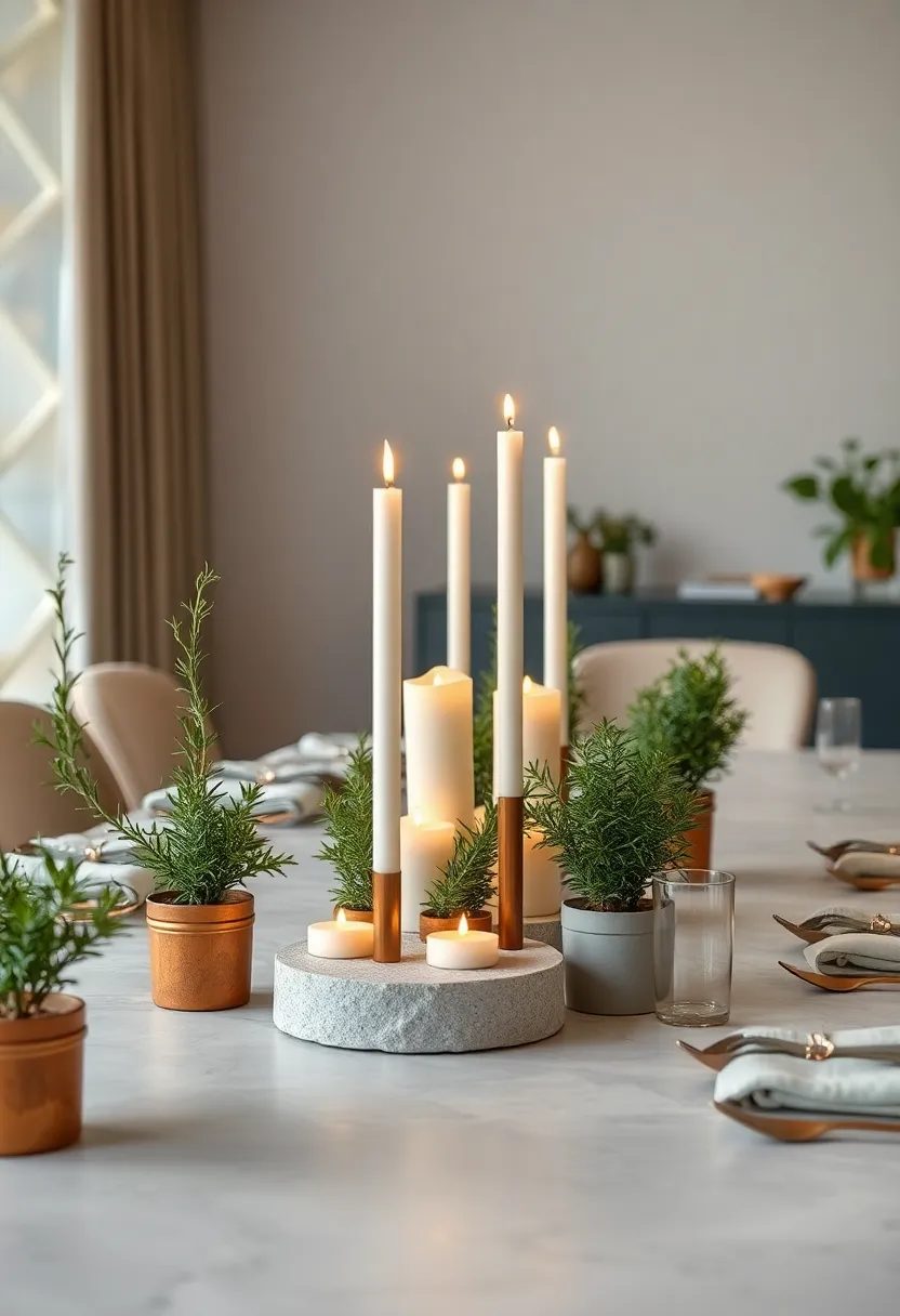 A collection of tall, slender taper candles surrounded​ by ‍potted rosemary and⁢ thyme herbs