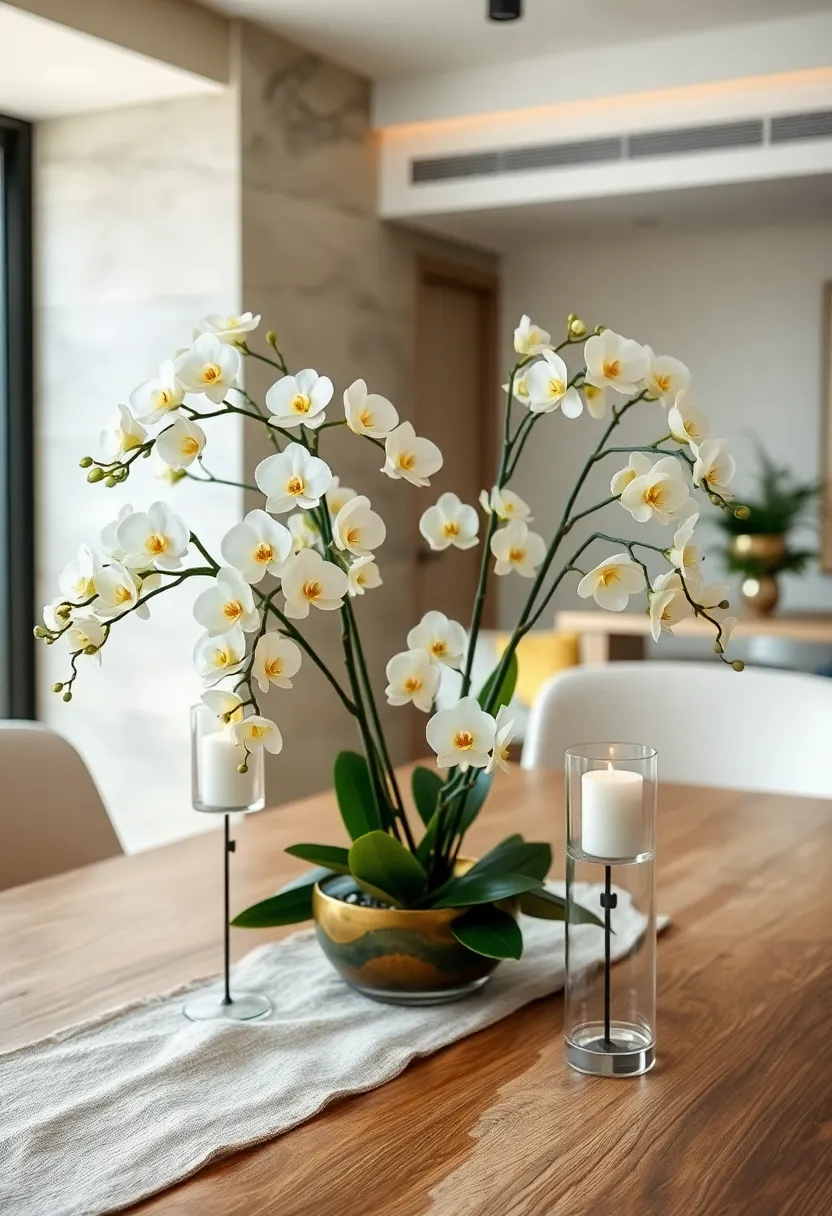 An⁢ elegant ‍arrangement of white orchids paired with minimalist glass candle holders