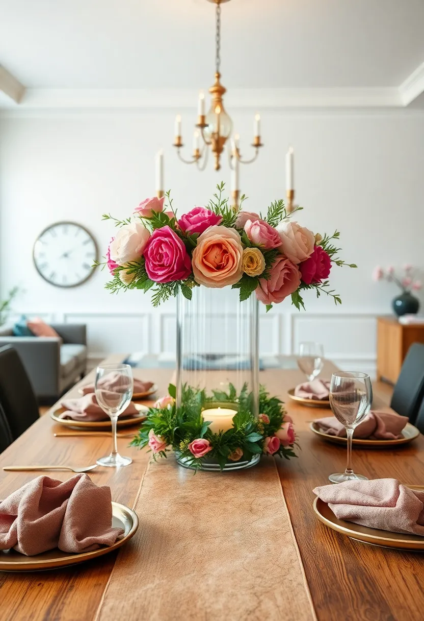 A floral ​crown centerpiece with roses, peonies, and greenery encircling a ⁤glass ⁢hurricane ‌light