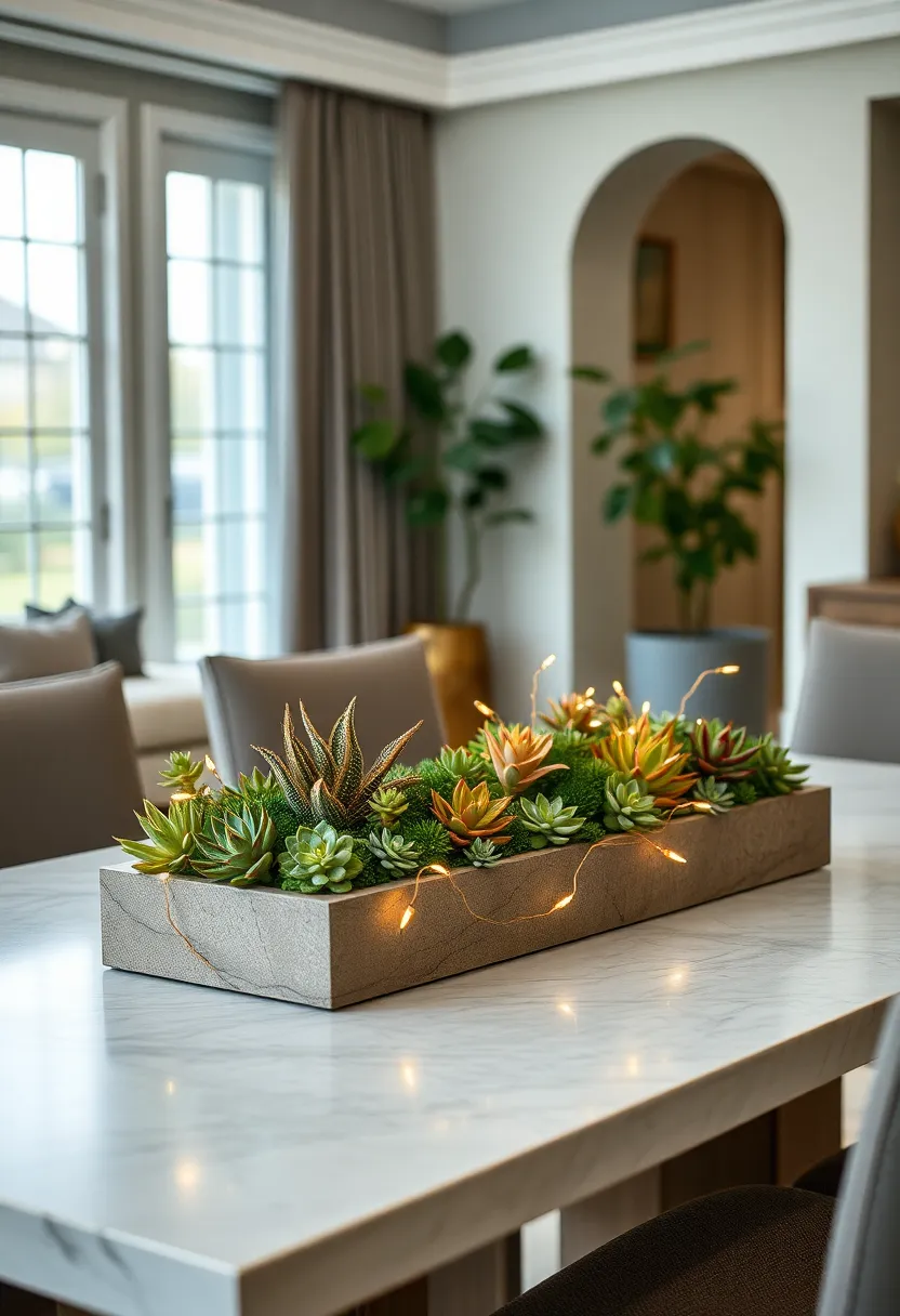 A ​low, wide ⁣planter box filled ⁢with​ mini‌ succulents and tiny fairy lights woven ⁤throughout