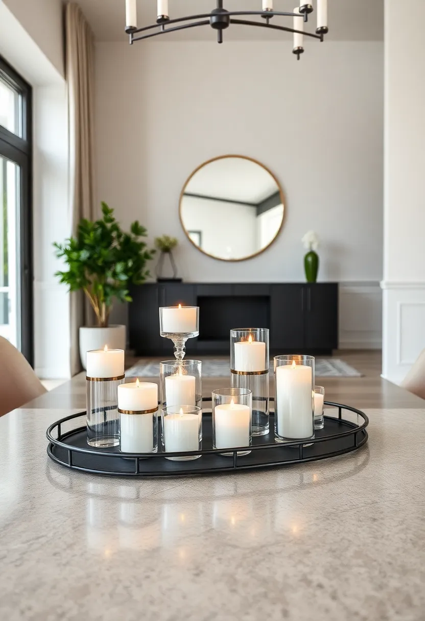 A minimalist black‍ metal ⁤tray ⁤featuring a cluster⁣ of white pillar⁢ candles⁣ and sleek glass vases
