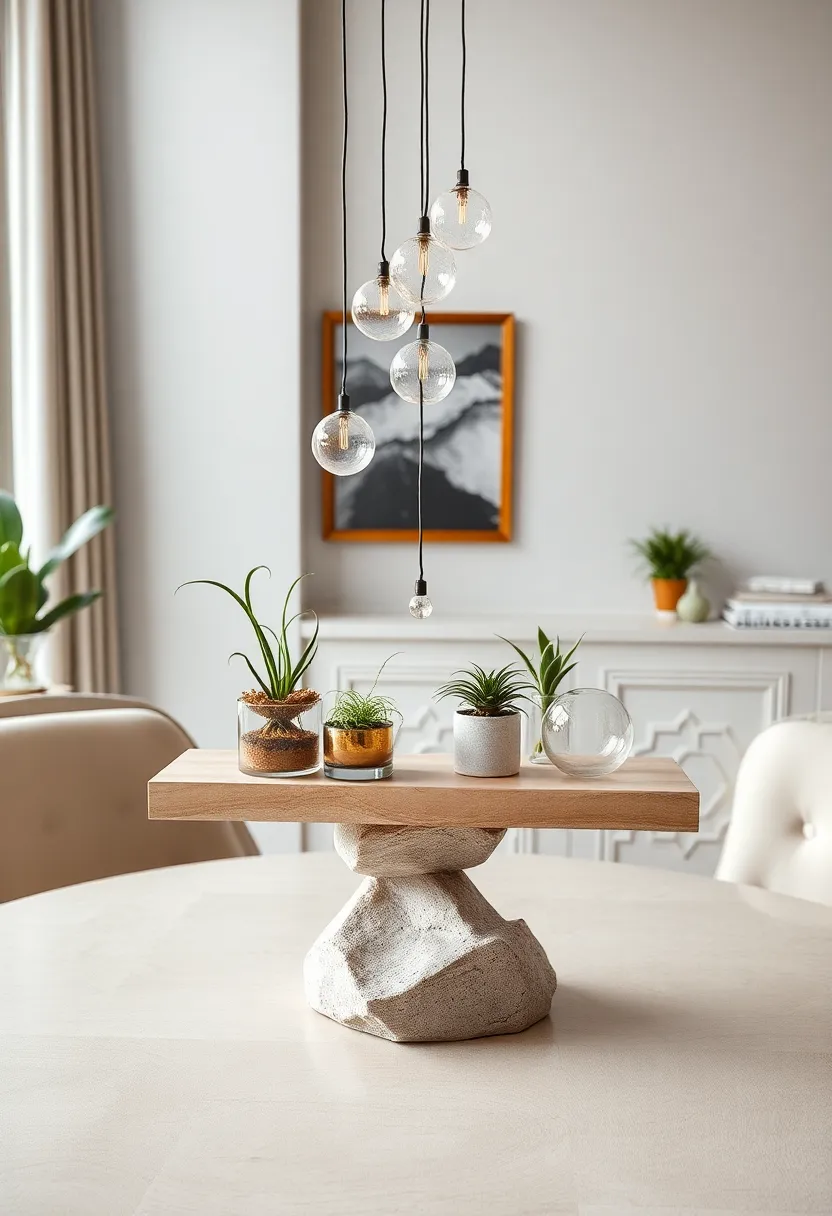 A minimalist floating shelf centerpiece ​with potted⁣ air plants and delicate hanging glass orbs‌ for subtle ⁣elegance