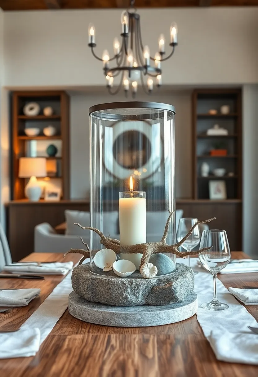 A⁤ nautical-themed centerpiece featuring shells, driftwood pieces,⁢ and a⁣ large ‍glass⁢ candle lantern
