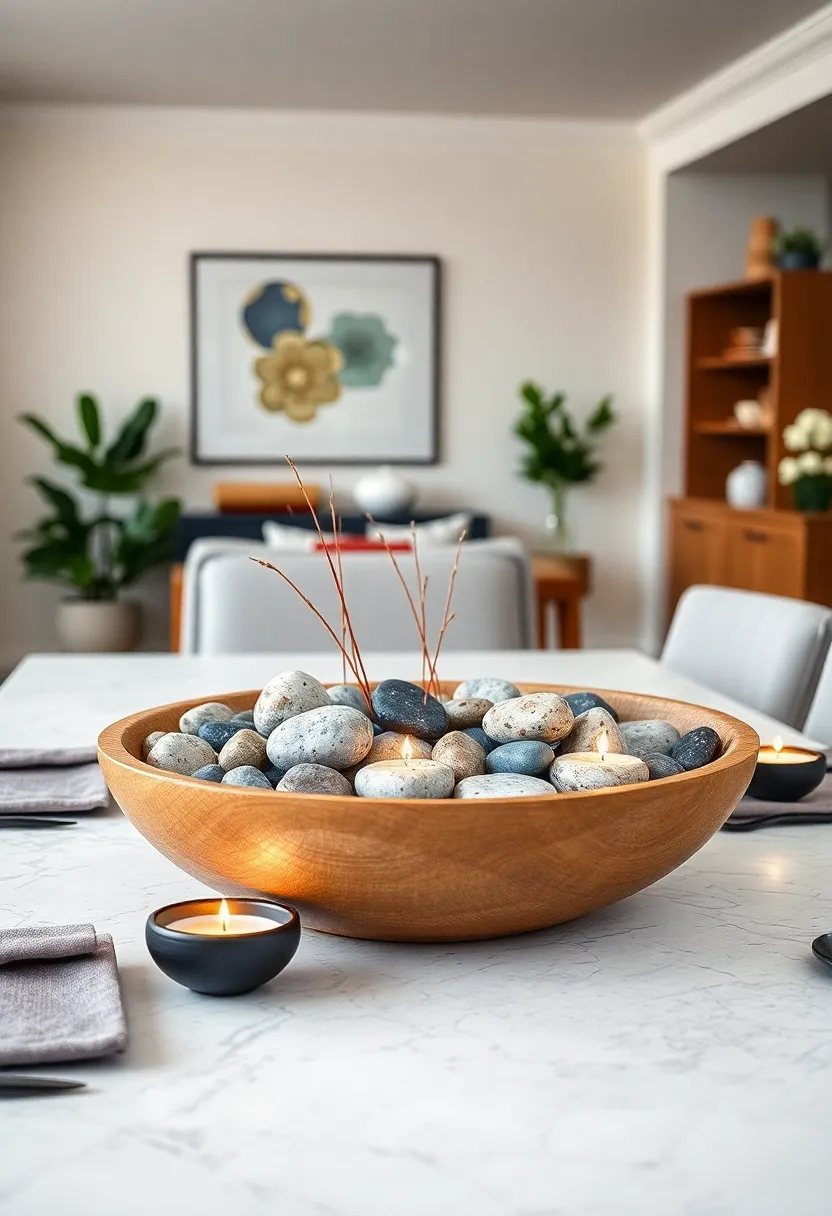 A simple wooden bowl filled ​with perfectly ⁤polished ⁢river⁢ stones and a scattering ⁢of tea lights