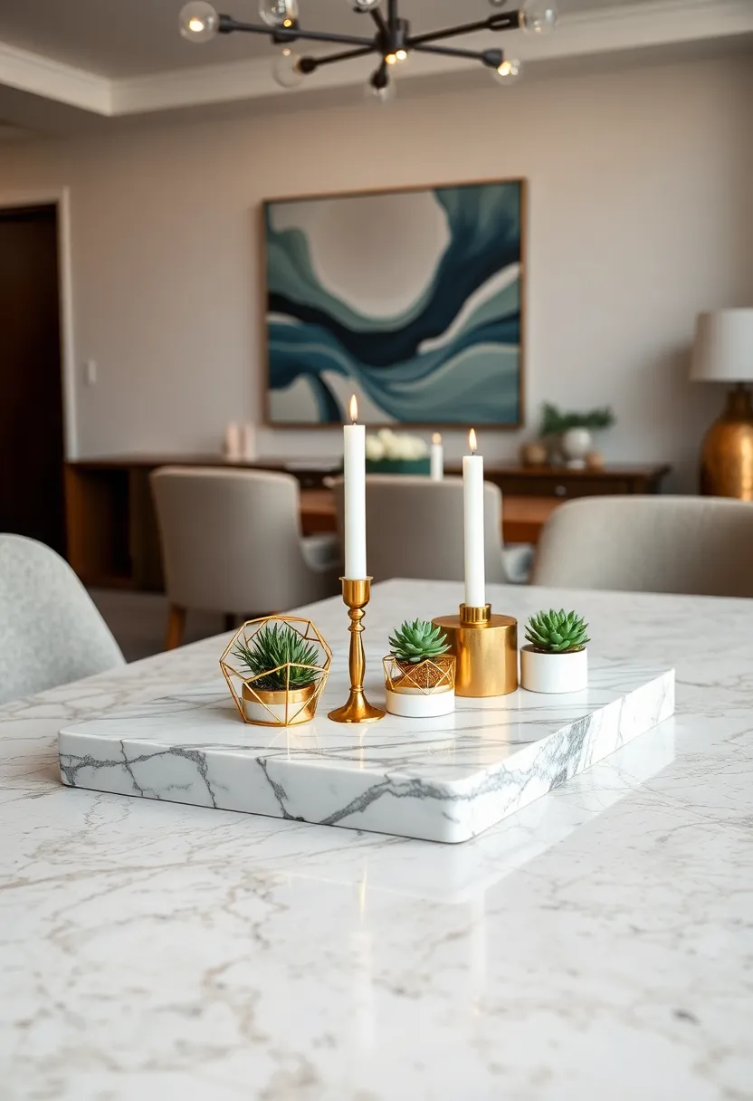 A sleek marble tray⁤ adorned with ⁤gold geometric candle holders and⁤ tiny succulents