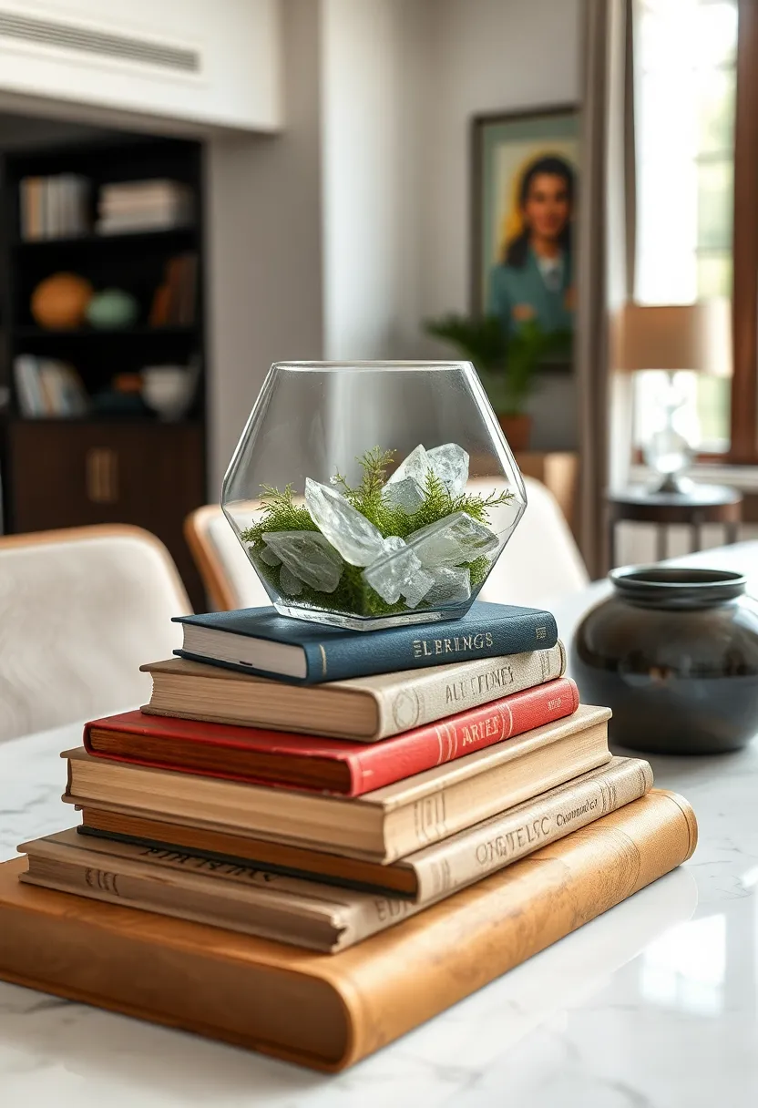A stack of vintage⁢ books⁤ topped with⁣ a⁢ small terrarium filled with moss and‍ geometric crystals