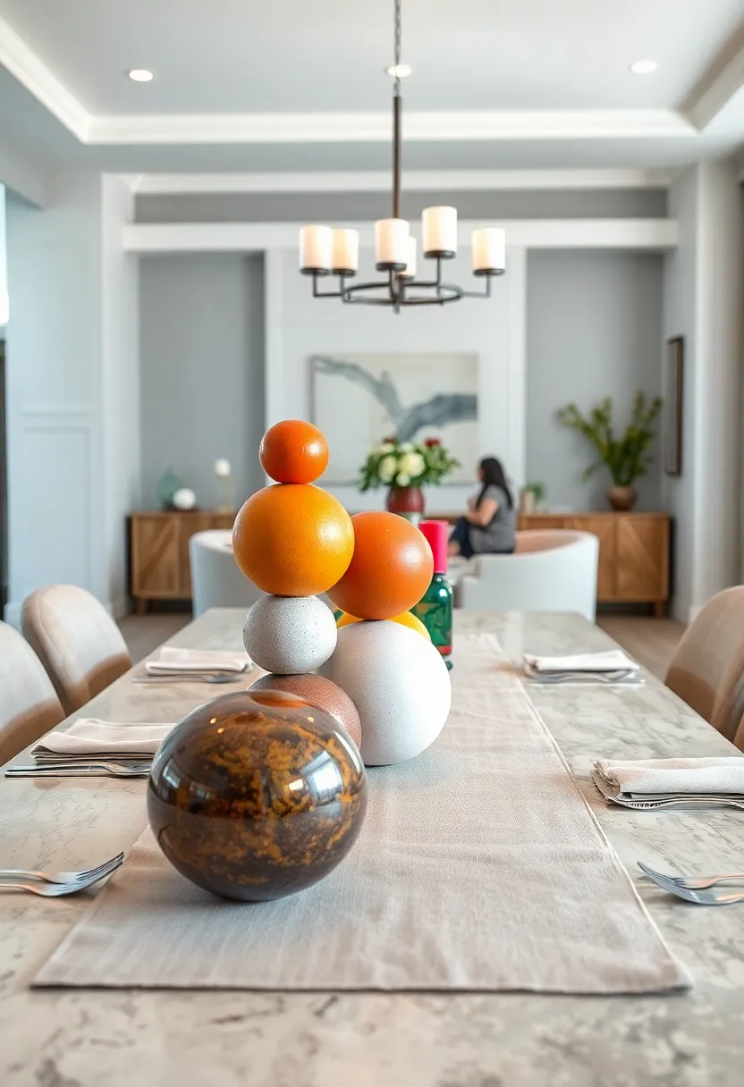 A striking centerpiece made of ⁢stacked,⁣ colorful ceramic orbs ​paired with a⁣ soft⁣ linen runner