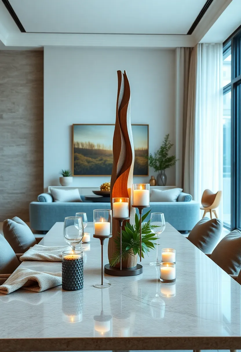 A tall, carved wooden sculpture ‍surrounded by ‌votive candles to​ add ⁢height and warmth