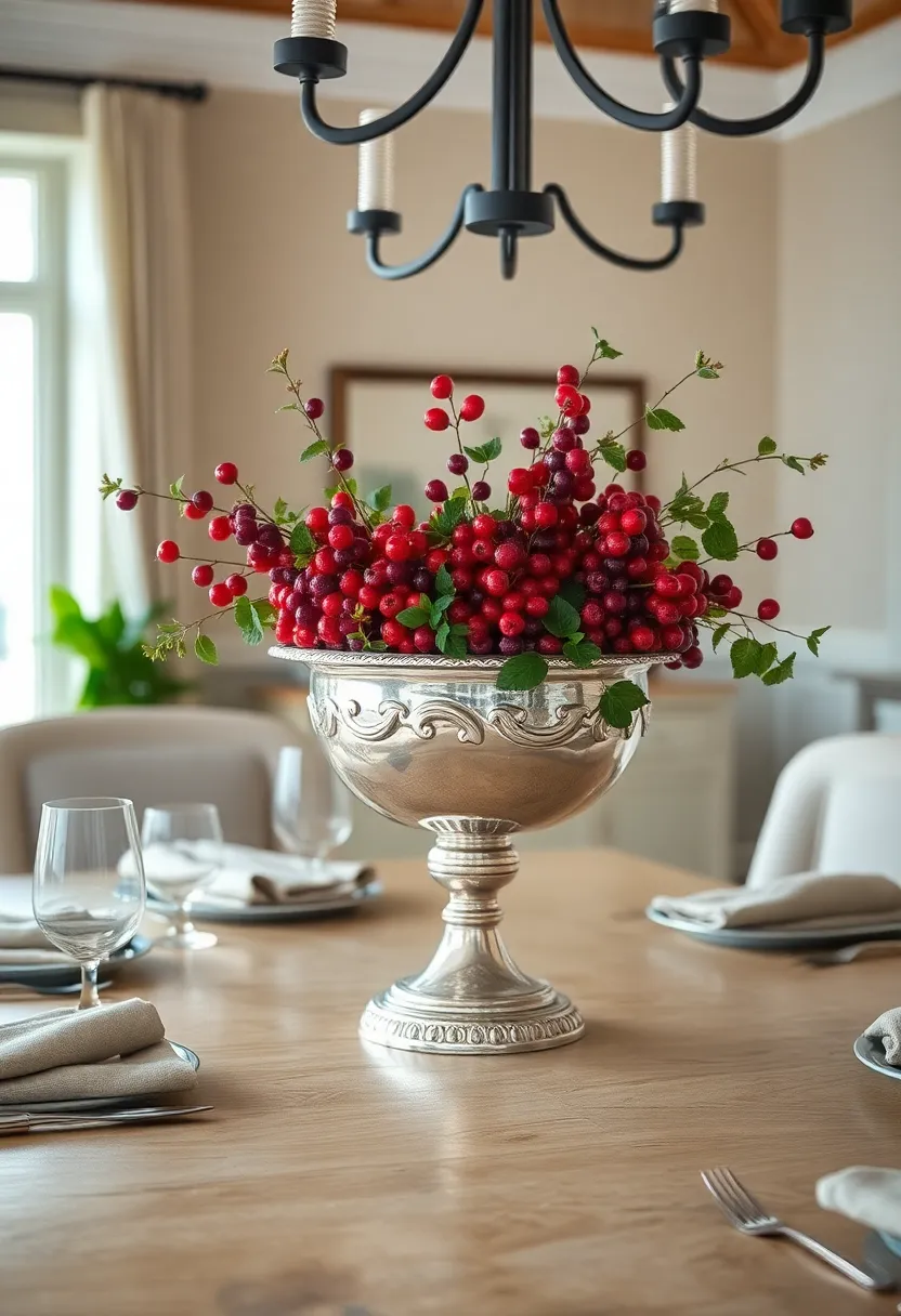 A‌ vintage⁣ silver‍ compote brimming⁢ with fresh berries and clover ‌sprigs‌ for a charming touch