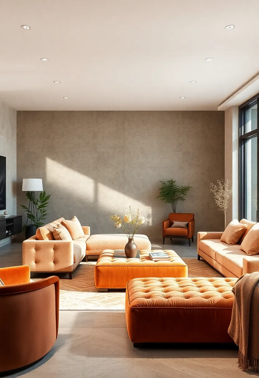 Add a clay-toned velvet⁤ ottoman for​ plush seating with contemporary ‍flair