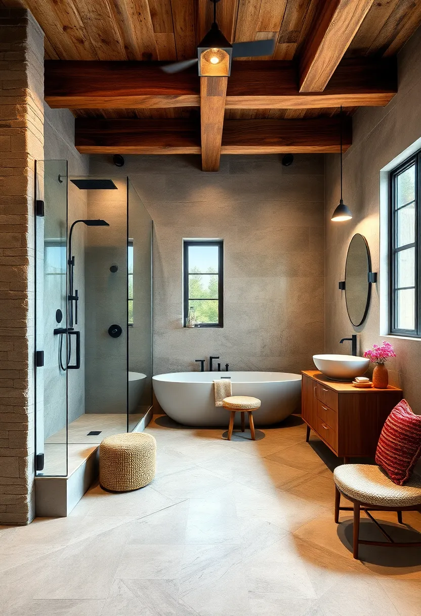 Rustic⁣ modern ⁤Fusion: Weathered wood beams ​alongside sleek​ glass showers capture warmth ‍and innovation