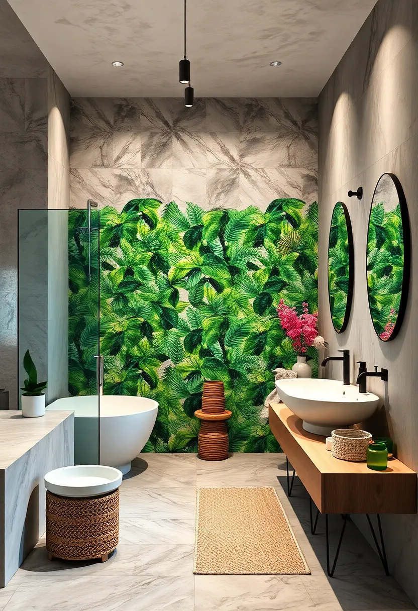 Tropical Escape: ​Bold leafy wallpapers ⁤balance minimalist fittings for‍ an unexpected vibrant flair