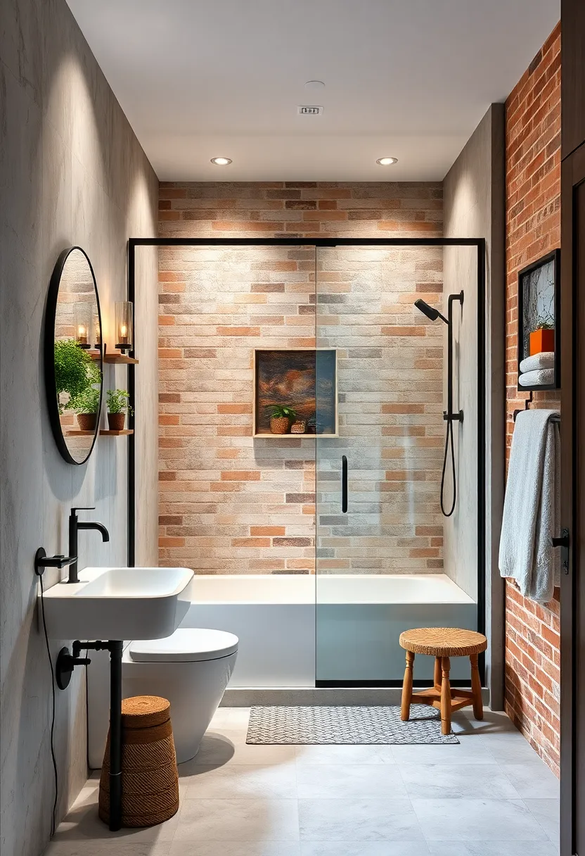 Raw Metal ⁢Framed Glass​ Shower Enclosure with Brick Accent Wall