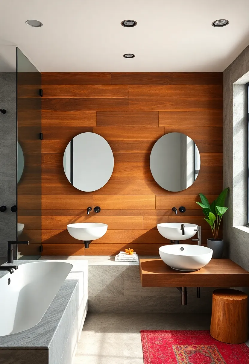Reclaimed ⁢Industrial Wood Paneling Behind Floating ⁢Ceramic Basins