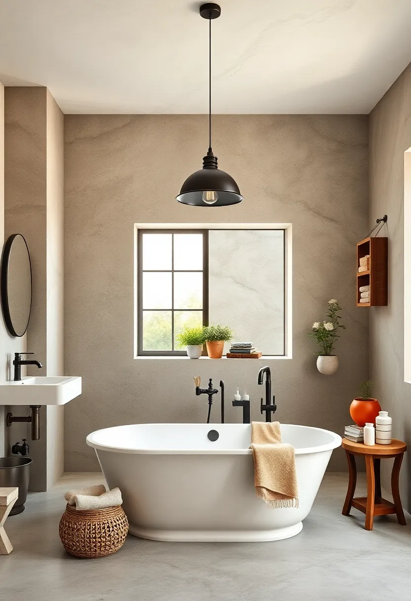 Rustic Metal Pendant ​Lighting Over a ⁤Freestanding⁣ Tub