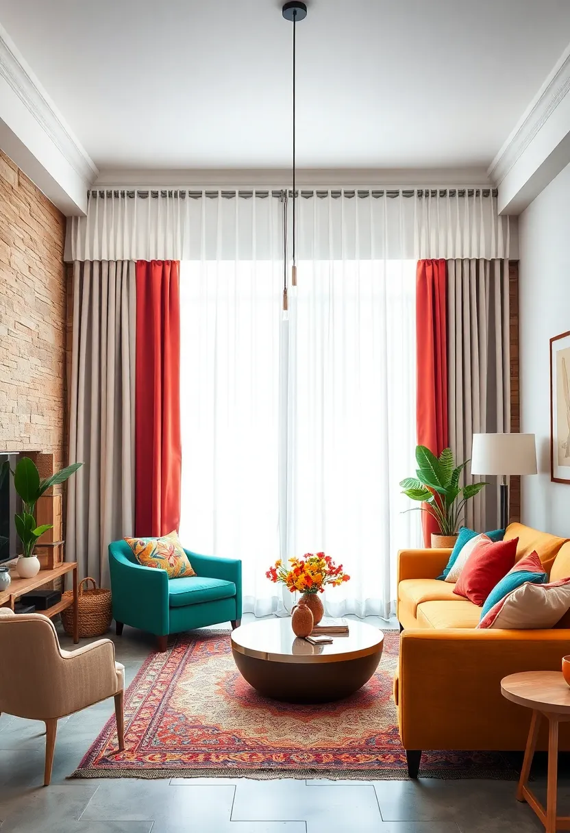 Layer sheer curtains with heavier drapes in complementary colors