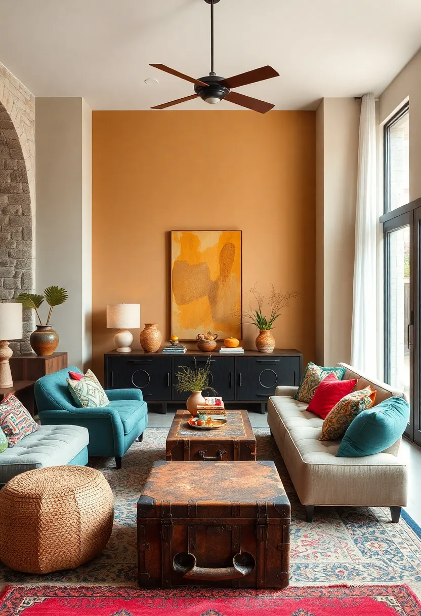 Incorporate unique statement pieces like a vintage trunk or carved stool