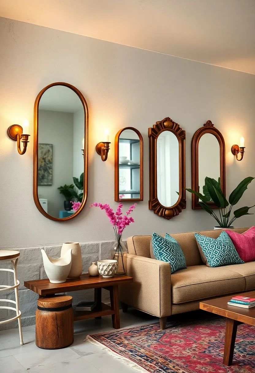 Combine vintage mirrors with eclectic wall sconces for an artful mix of light and reflection