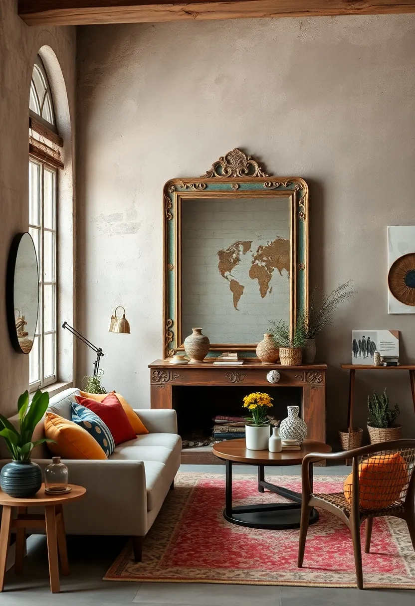 Use a vintage mirror ​with a patinaed frame to bring a sense of nostalgia and weathered beauty to your décor